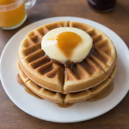 A waffle that looks like it's worth 10 dollars, golden and crispy edges, fluffed with steam escaping, topped with melty butter and drizzled with real maple syrup.