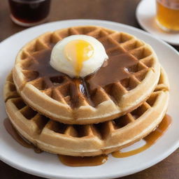 A waffle that looks like it's worth 10 dollars, golden and crispy edges, fluffed with steam escaping, topped with melty butter and drizzled with real maple syrup.