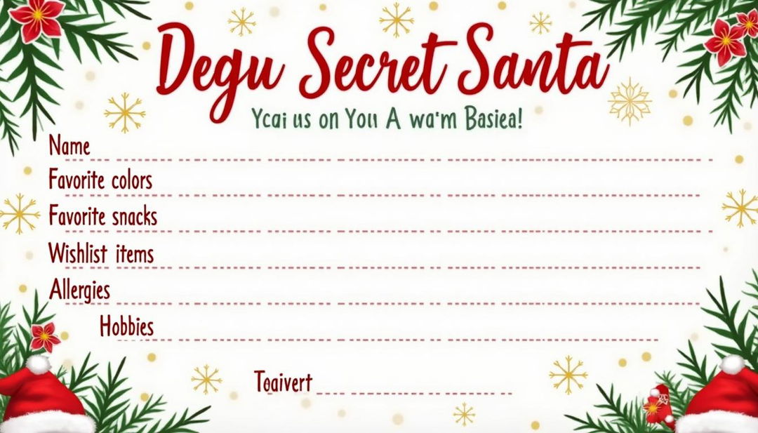 A beautifully designed Secret Santa questionnaire template that features a festive holiday theme