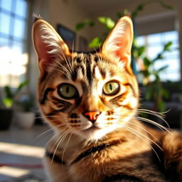 Close-up of a cute tabby cat with striking green eyes, long whiskers, and a soft fur coat, sitting comfortably in a sunlit room