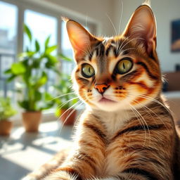 Close-up of a cute tabby cat with striking green eyes, long whiskers, and a soft fur coat, sitting comfortably in a sunlit room