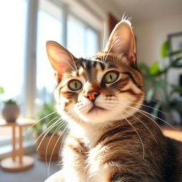 Close-up of a cute tabby cat with striking green eyes, long whiskers, and a soft fur coat, sitting comfortably in a sunlit room