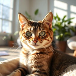 Close-up of a cute tabby cat with striking green eyes, long whiskers, and a soft fur coat, sitting comfortably in a sunlit room