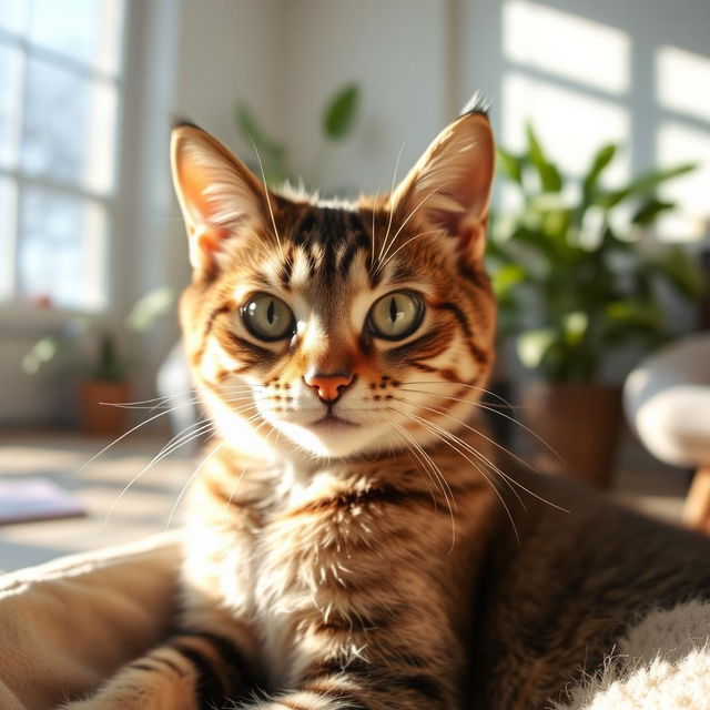 Close-up of a cute tabby cat with striking green eyes, long whiskers, and a soft fur coat, sitting comfortably in a sunlit room