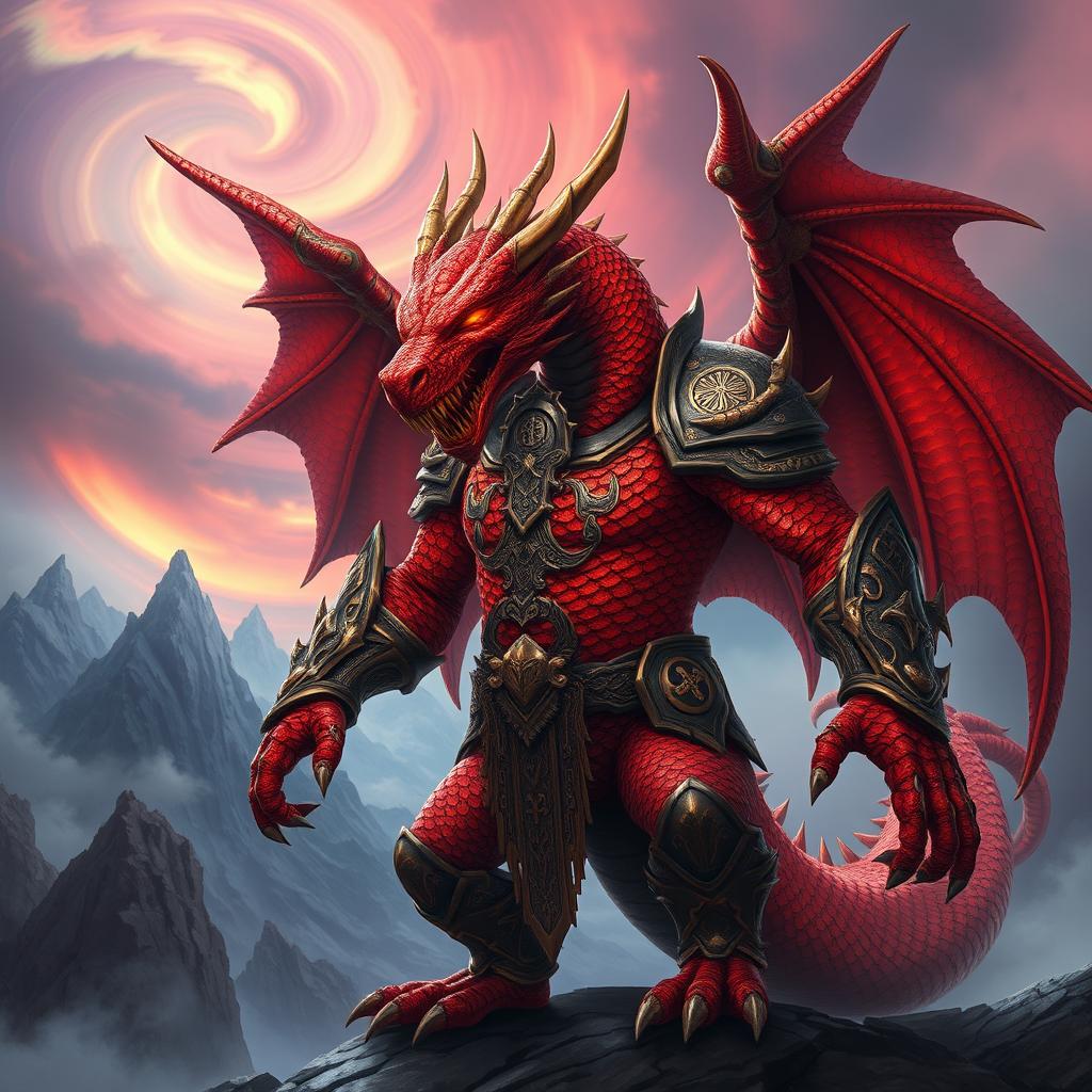 A fearsome draconic warrior clad in ornate armor, with scales shimmering in vibrant shades of red and deep crimson