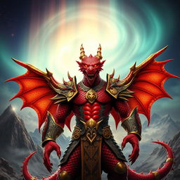 A fearsome draconic warrior clad in ornate armor, with scales shimmering in vibrant shades of red and deep crimson