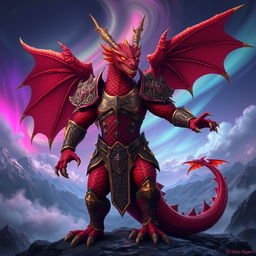 A fearsome draconic warrior clad in ornate armor, with scales shimmering in vibrant shades of red and deep crimson