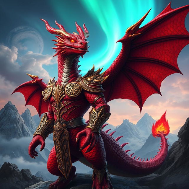 A fearsome draconic warrior clad in ornate armor, with scales shimmering in vibrant shades of red and deep crimson