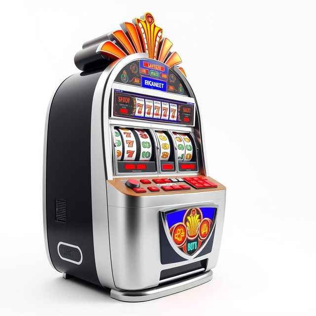 A hyper-realistic, ultra HD depiction of a slot machine that is intricately detailed, showcasing every element from the colorful reels to the shiny buttons with exceptional precision