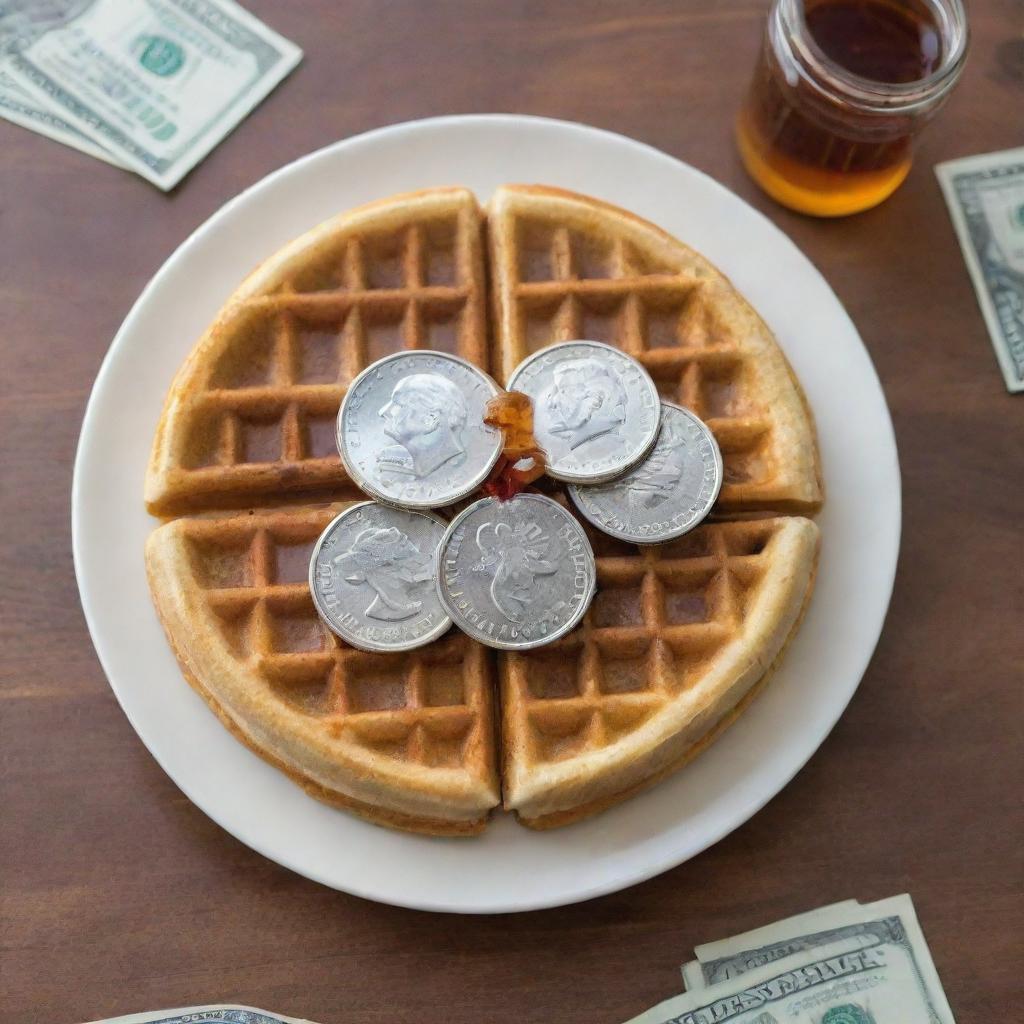 A waffle golden-brown adorned with silver dollar signs, on a plate surrounded by a mix of maple syrup and 100 dollar bills.