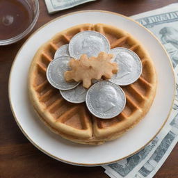 A waffle golden-brown adorned with silver dollar signs, on a plate surrounded by a mix of maple syrup and 100 dollar bills.