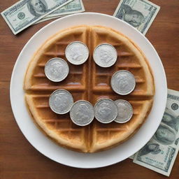 A waffle golden-brown adorned with silver dollar signs, on a plate surrounded by a mix of maple syrup and 100 dollar bills.