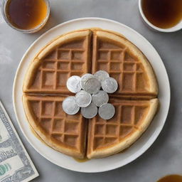 A waffle golden-brown adorned with silver dollar signs, on a plate surrounded by a mix of maple syrup and 100 dollar bills.