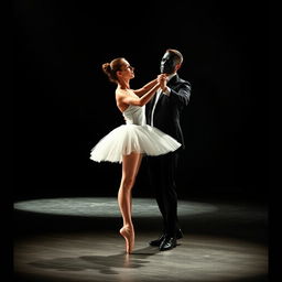 A ballerina dancing with a man wearing a black mask, their movements in sync as they perform on a dimly lit stage