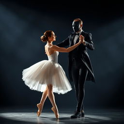 A ballerina dancing with a man wearing a black mask, their movements in sync as they perform on a dimly lit stage