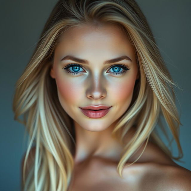 A portrait of a strikingly beautiful woman with flowing blonde hair, and mesmerizing blue eyes that captivate any onlooker