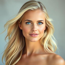 A portrait of a strikingly beautiful woman with flowing blonde hair, and mesmerizing blue eyes that captivate any onlooker