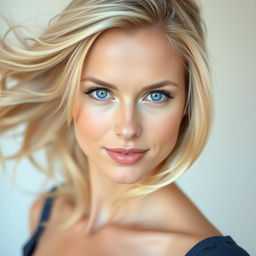 A portrait of a strikingly beautiful woman with flowing blonde hair, and mesmerizing blue eyes that captivate any onlooker