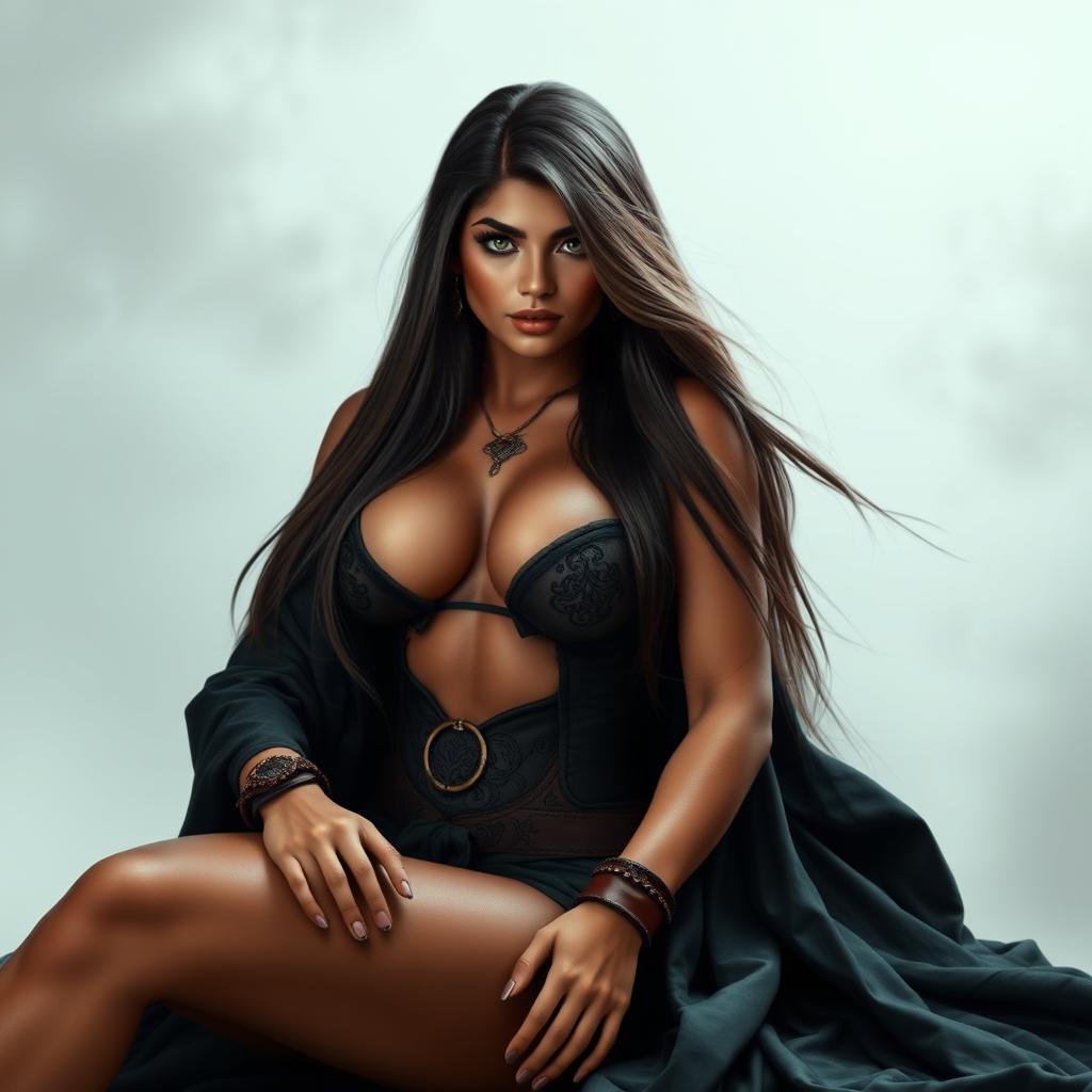 An 18-year-old Brazilian female mage sitting gracefully, showcasing a lean body with a muscular belly, voluptuous breasts, and a firm, muscular butt