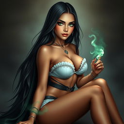 An 18-year-old Brazilian female mage sitting gracefully, showcasing a lean body with a muscular belly, voluptuous breasts, and a firm, muscular butt