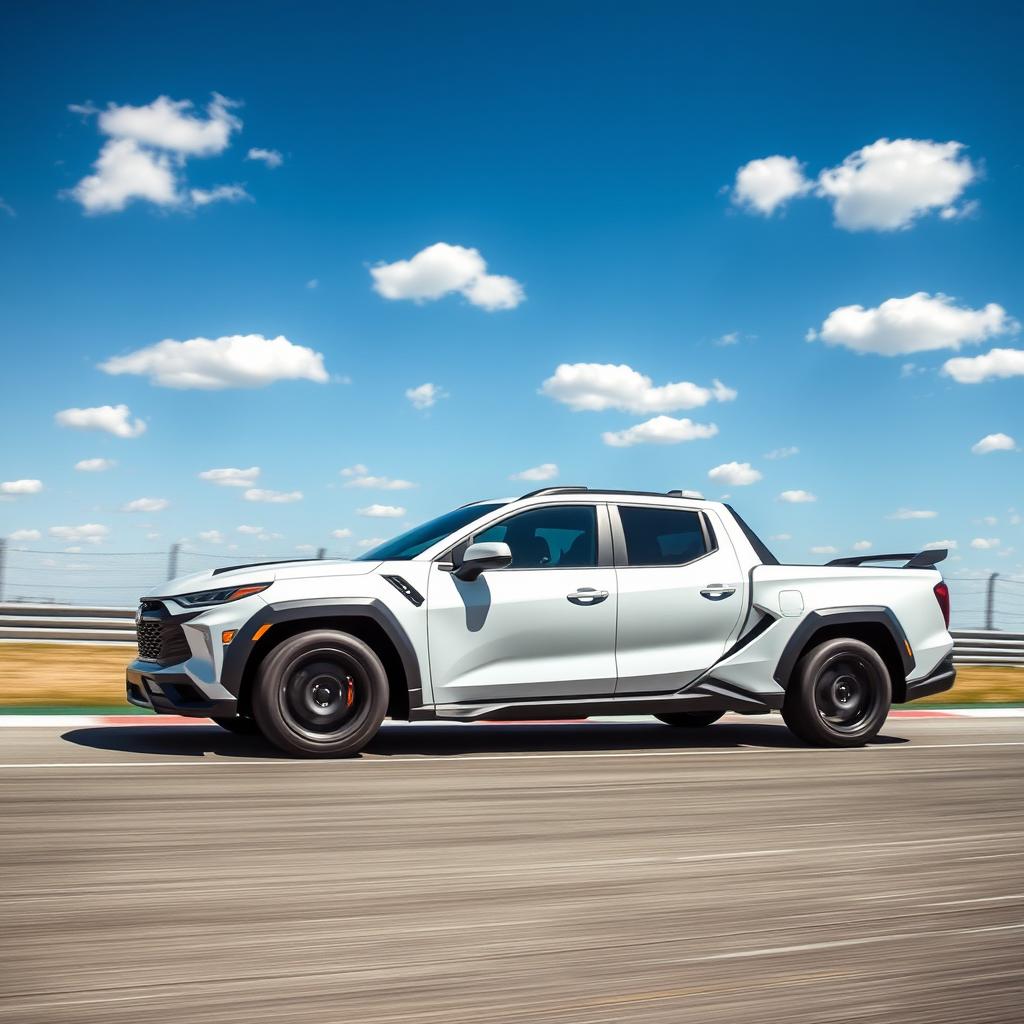 A striking pick-up truck that artfully combines the sleek, high-performance characteristics of the Corvette C8 with the rugged, practical design of the Hyundai Santa Cruz