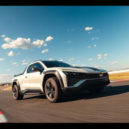 A striking pick-up truck that artfully combines the sleek, high-performance characteristics of the Corvette C8 with the rugged, practical design of the Hyundai Santa Cruz