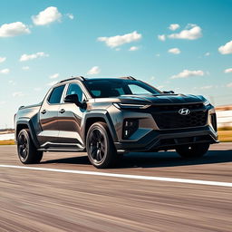 A striking pick-up truck that artfully combines the sleek, high-performance characteristics of the Corvette C8 with the rugged, practical design of the Hyundai Santa Cruz