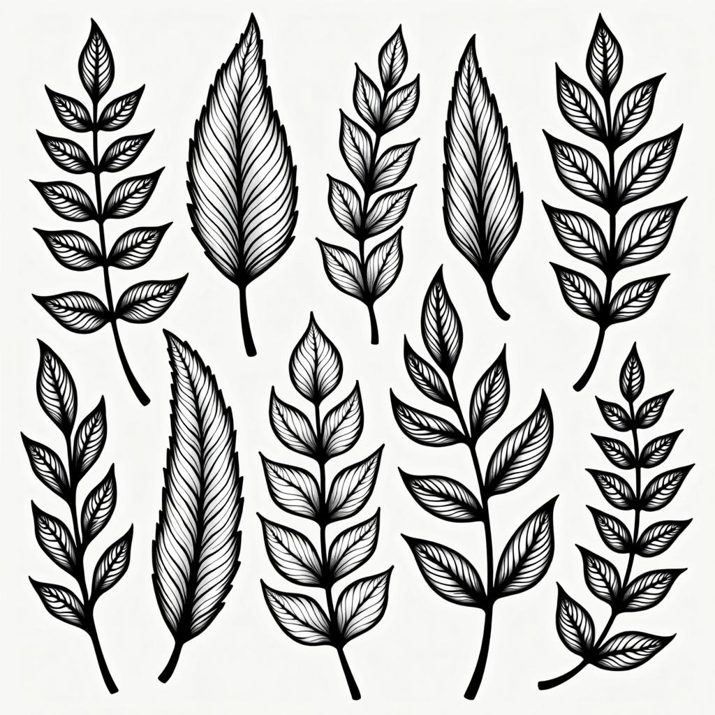 intricate outline of various leaves with black ink on a white background, showcasing exquisite line details and elegant patterns, highlighting the natural beauty and diversity of foliage