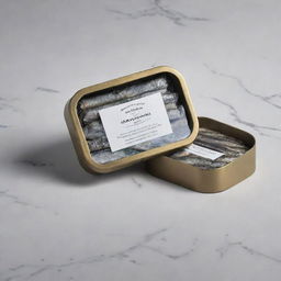 Design a visually compelling packaging for a product named 'Marble Sardines'. The design should showcase sardines and emulate the luxurious essence of marble.