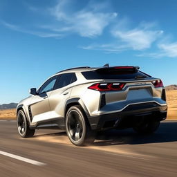 A sleek and futuristic SUV inspired by the Corvette C8, featuring four doors and embodying high-performance aesthetics