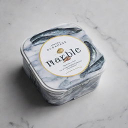 Design a visually compelling packaging for a product named 'Marble Sardines'. The design should showcase sardines and emulate the luxurious essence of marble.