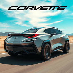 A sleek and futuristic SUV inspired by the Corvette C8, featuring four doors and embodying high-performance aesthetics