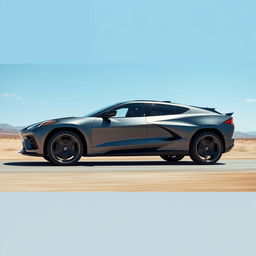 A sleek and futuristic SUV inspired by the Corvette C8, featuring four doors and embodying high-performance aesthetics