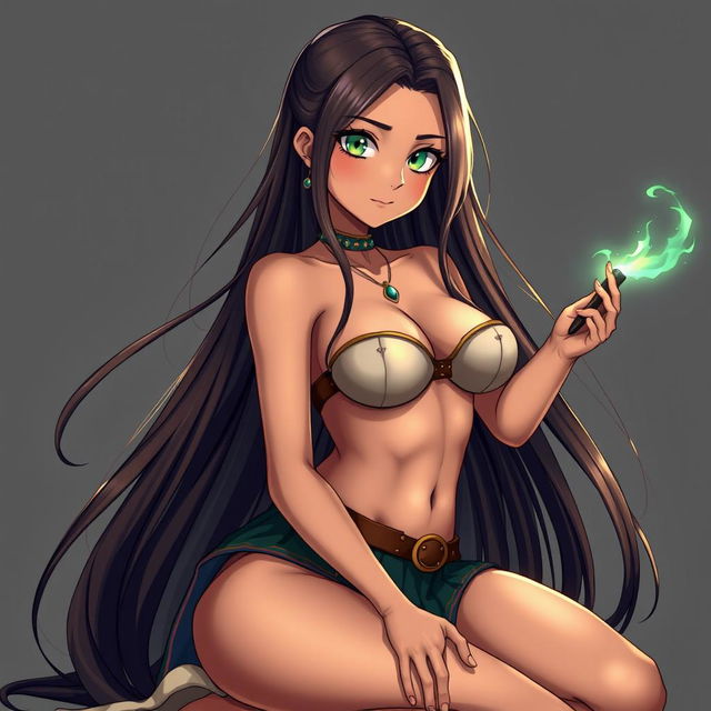 An 18-year-old Brazilian female mage depicted in an anime style, sitting gracefully