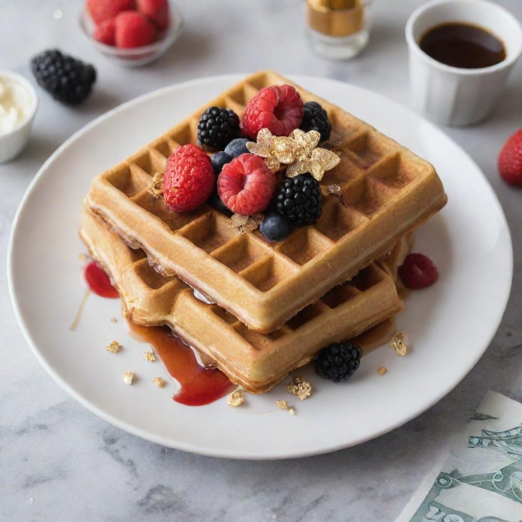 A gourmet waffle, luxuriously topped with edible gold flakes and diamonds, accompanied by premium berries & syrup, served on a plate with 1000 dollar bills.