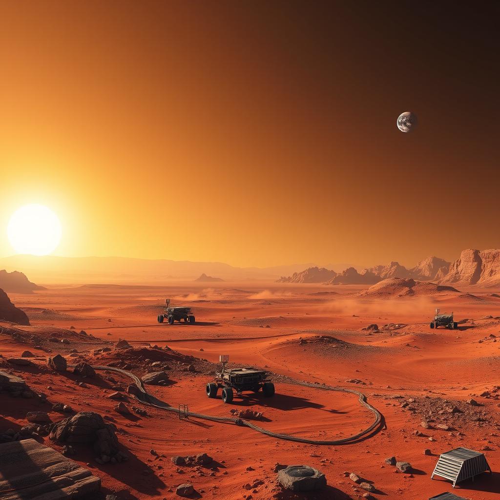 A futuristic landscape on Mars, depicting the passage of nine sols (Martian days) with a sky transitioning from dawn to dusk