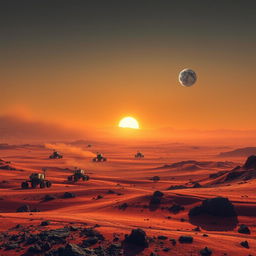 A futuristic landscape on Mars, depicting the passage of nine sols (Martian days) with a sky transitioning from dawn to dusk