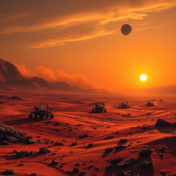 A futuristic landscape on Mars, depicting the passage of nine sols (Martian days) with a sky transitioning from dawn to dusk