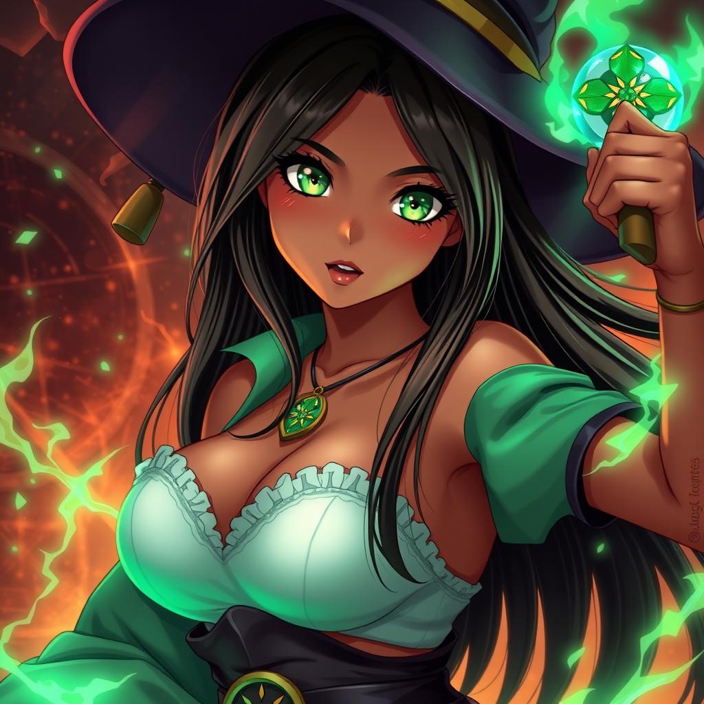 An 18-year-old Brazilian female mage in a vibrant anime style