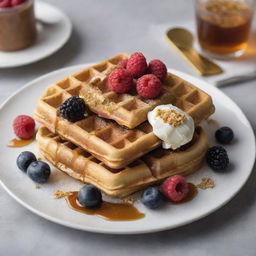 A gourmet waffle, luxuriously topped with edible gold flakes and diamonds, accompanied by premium berries & syrup, served on a plate with 1000 dollar bills.