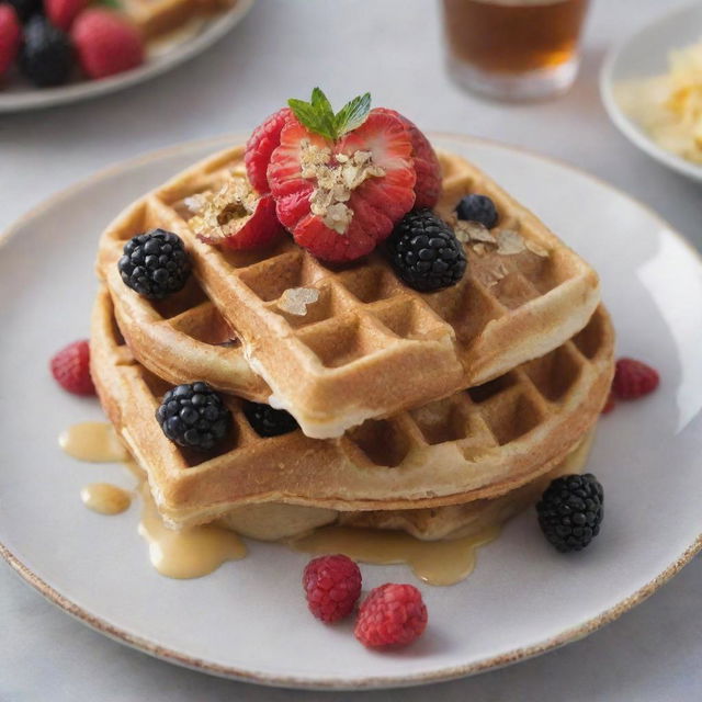 A gourmet waffle, luxuriously topped with edible gold flakes and diamonds, accompanied by premium berries & syrup, served on a plate with 1000 dollar bills.