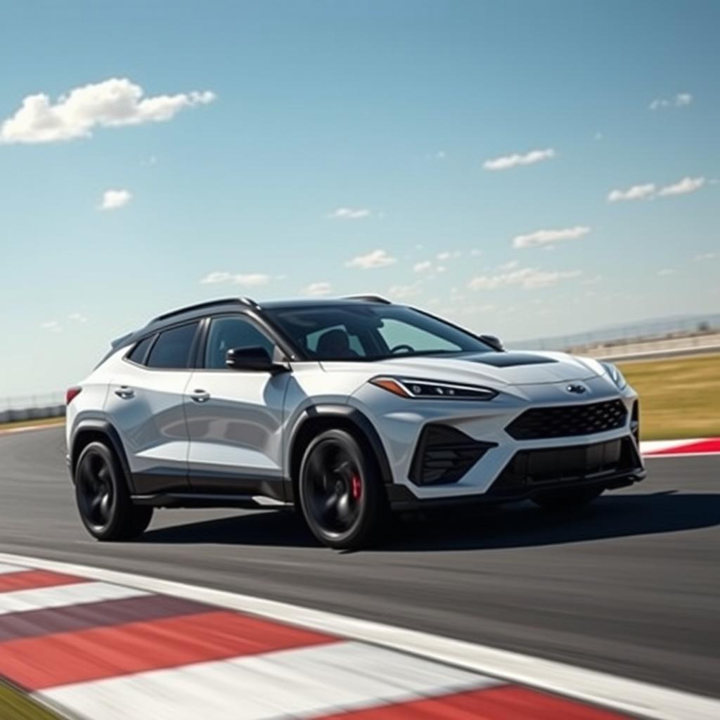 A sleek and dynamic SUV inspired by the Corvette C8 design, featuring four doors, gracefully navigating a race track