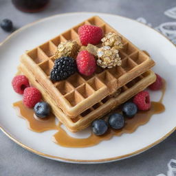 A gourmet waffle, luxuriously topped with edible gold flakes and diamonds, accompanied by premium berries & syrup, served on a plate with 1000 dollar bills.