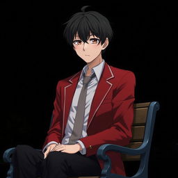 A highly detailed and realistic portrait of Kiyotaka Ayanokoji, the main character from the anime "Classroom of the Elite," sitting in a park chair