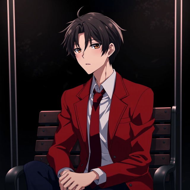 A highly detailed and realistic portrait of Kiyotaka Ayanokoji, the main character from the anime "Classroom of the Elite," sitting in a park chair