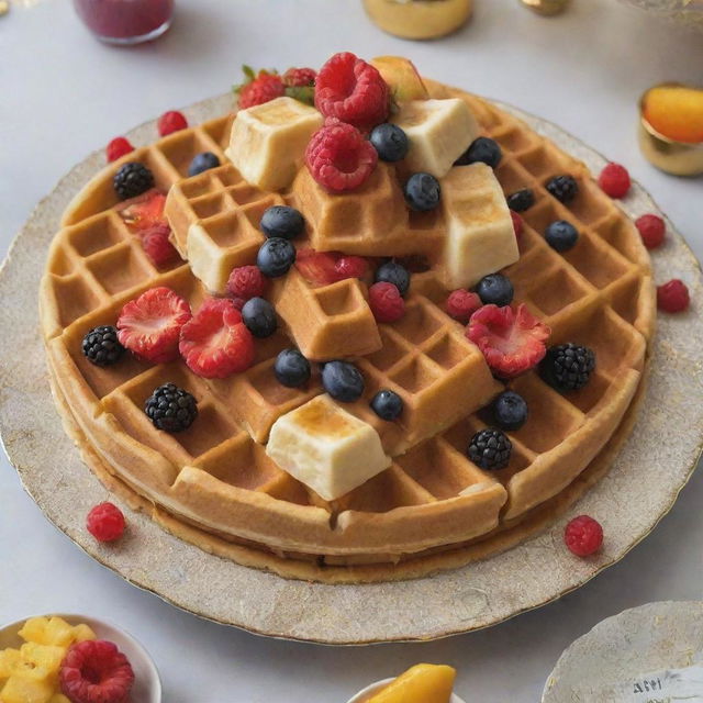 A grand waffle extravagantly garnished with edible gold leaf and encrusted with minute edible gemstones, surrounded by an arrangement of rare exotic fruits and expensive wine, resting on a platter lined with 10,000 dollar bills.