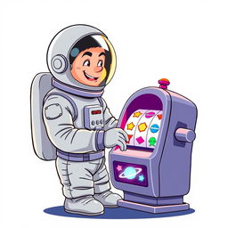 A 2D illustration of an astronaut playing a slot machine, set against a plain white background