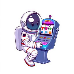 A 2D illustration of an astronaut playing a slot machine, set against a plain white background