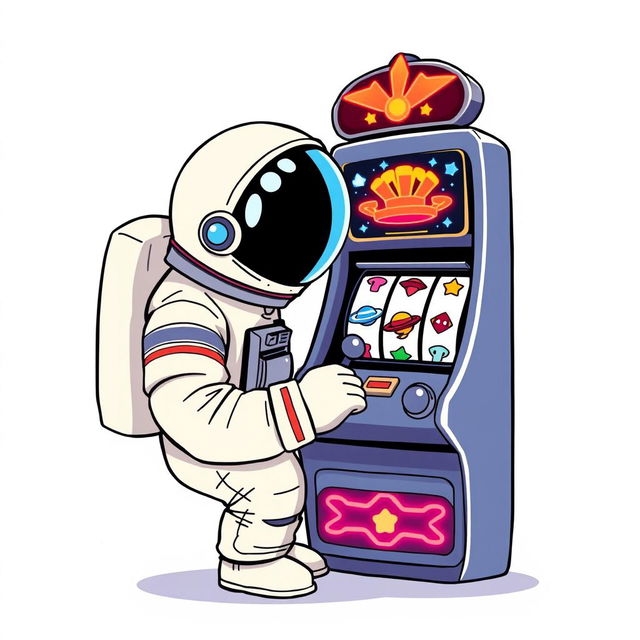 A 2D illustration of an astronaut playing a slot machine, set against a plain white background