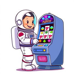 A 2D illustration of an astronaut playing a slot machine, set against a plain white background